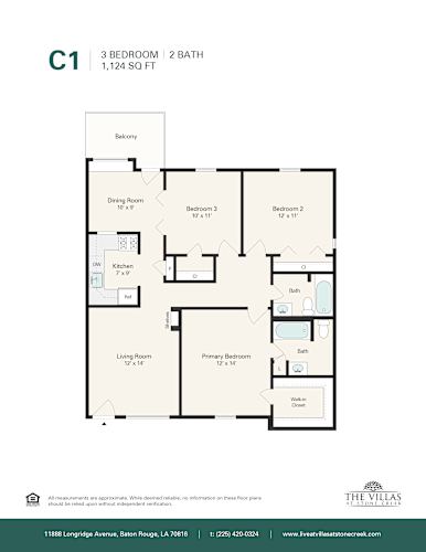 Floor Plan  A floor plan for a 3 bedroom, 2 bathroom apartment.