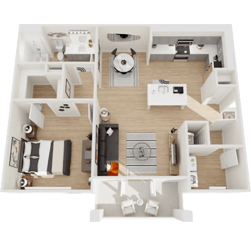 Floor Plan  A 3D floor plan of a house showing a kitchen, living room, and two bedrooms.