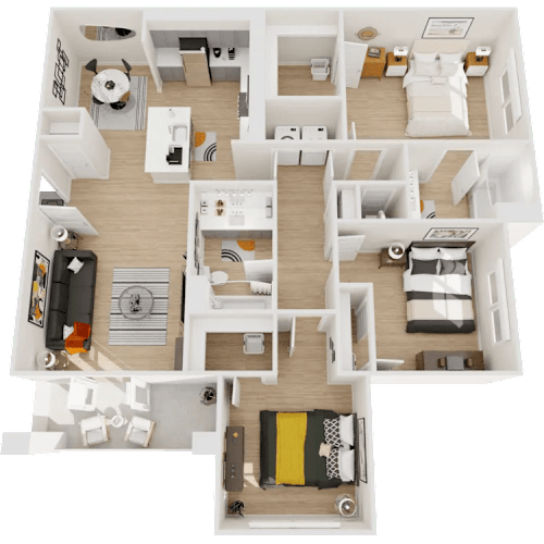 Floor Plan  A 3D floor plan of a house showing the layout of the rooms.