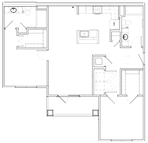 Floor Plan  A floor plan of a house with a kitchen, living room, and two bedrooms.