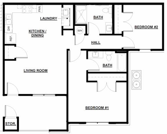 Floor Plan  A floor plan of a house with a living room, two bedrooms, a kitchen, a bathroom, a laundry room, a hall, a storage area, and a reference room.