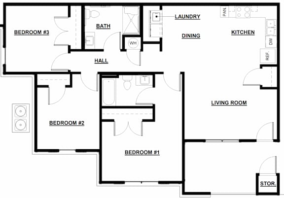 Floor Plan  A floor plan of a house with three bedrooms, a living room, a kitchen, a dining room, a bathroom, a laundry room, and a storage area.