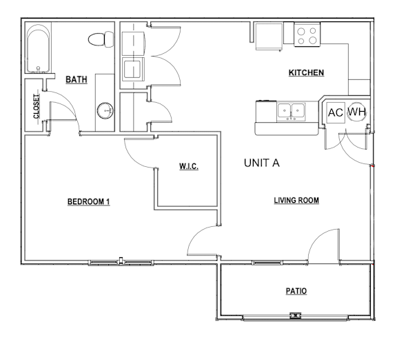 Floor Plan  A floor plan of a small apartment with a living room, kitchen, bedroom, and bathroom.