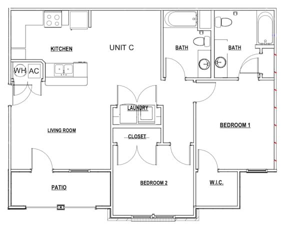 Floor Plan  A floor plan of a home showing the layout of the kitchen, living room, bathrooms, bedrooms, and laundry.