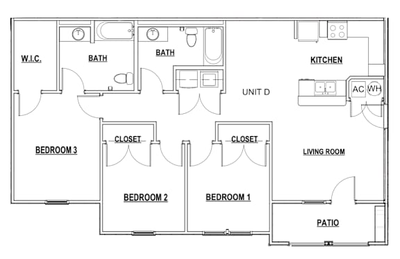 Floor Plan  A floor plan of a house with labeled rooms such as Bedroom 1, Bedroom 2, Bedroom 3, Bath, Closet, Living Room, Kitchen, Patio, and Unit D.
