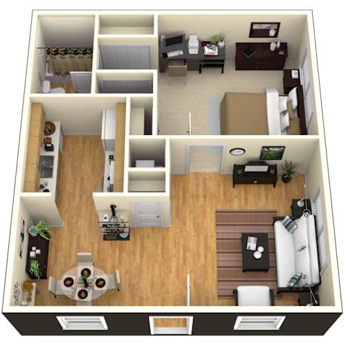 Floor Plan  A 3D floor plan of a small apartment with a kitchen, living room, and bedroom.