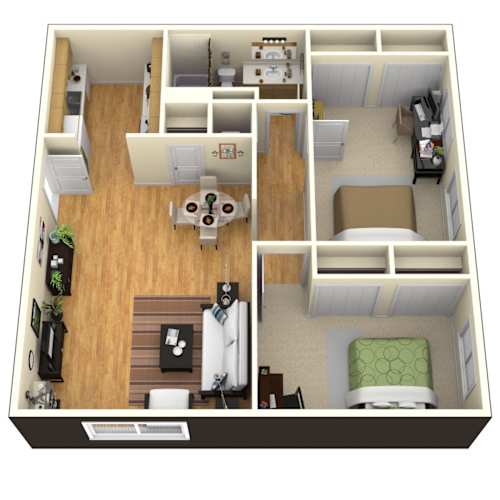 Floor Plan  A 3D floor plan of a small apartment with a kitchen, living room, and bedroom.