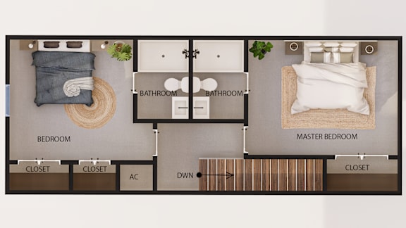 Floor Plan  A floor plan of a house with two bedrooms, two bathrooms, and a master bedroom.