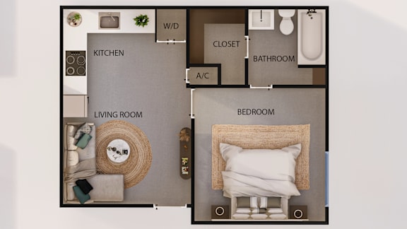 Floor Plan  A floor plan of a small apartment with a living room, bedroom, kitchen, and bathroom.