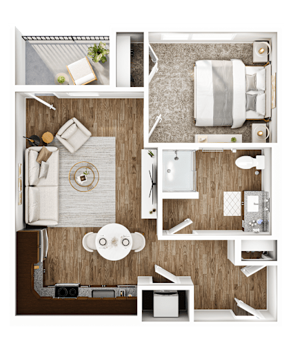 Floor Plan  A top-down view of a small, neatly organized apartment with a kitchen, living room, and bathroom.