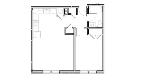 Floor Plan  645 sf, open kitchen and living space.