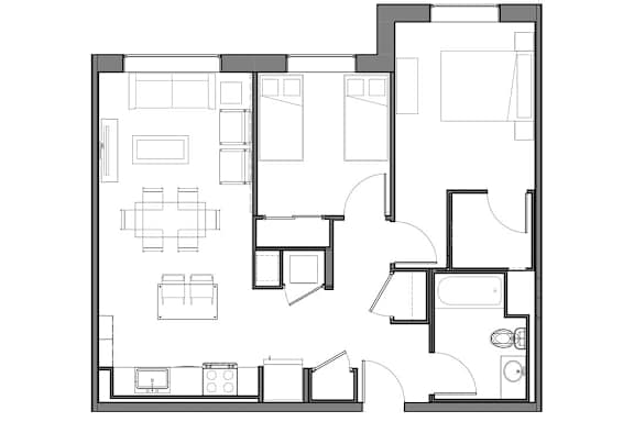Floor Plan  A black and white floor plan of a house with multiple rooms.