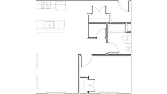 Floor Plan  A floor plan of a house with a kitchen, living room, and two bedrooms.