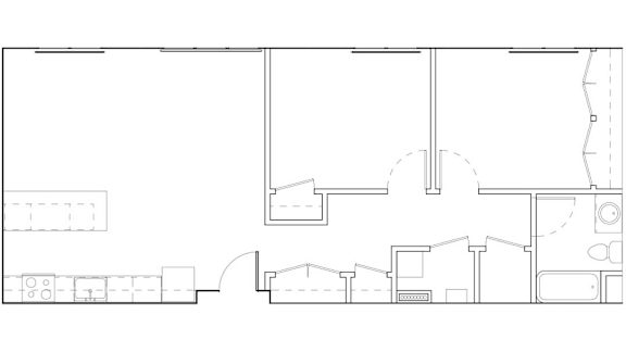 Floor Plan  A floor plan of a house with a kitchen, living room, and bedrooms.