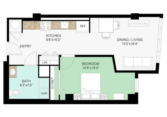 Floor Plan  A floor plan of a house with a kitchen, dining/living area, bedroom, bathroom, and entry.