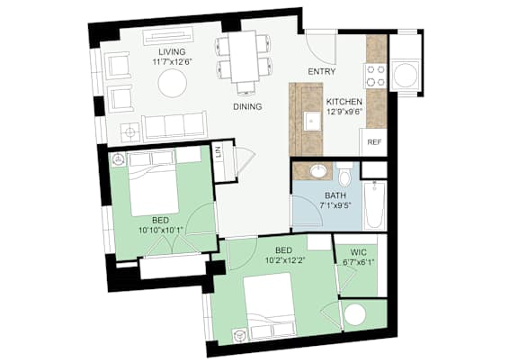 Floor Plan  A floor plan of a house with a living room, dining room, kitchen, two bathrooms, and three bedrooms.
