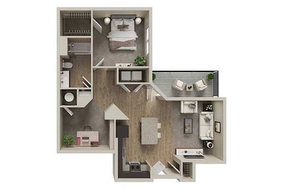 Floor Plan  A 3D floor plan of a house with a kitchen, living room, and bathroom.