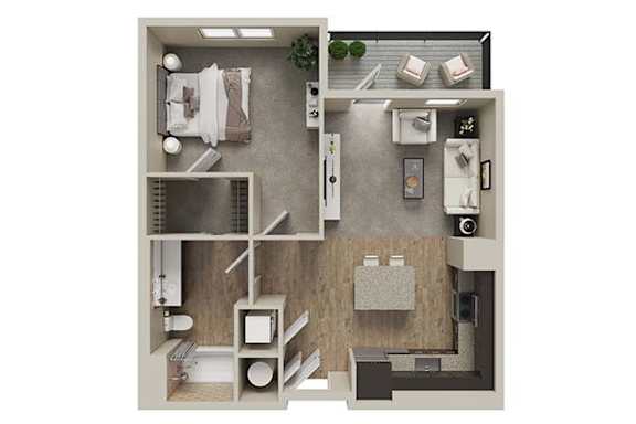 Floor Plan  A top-down view of a small apartment layout with a kitchen, living room, and bathroom.