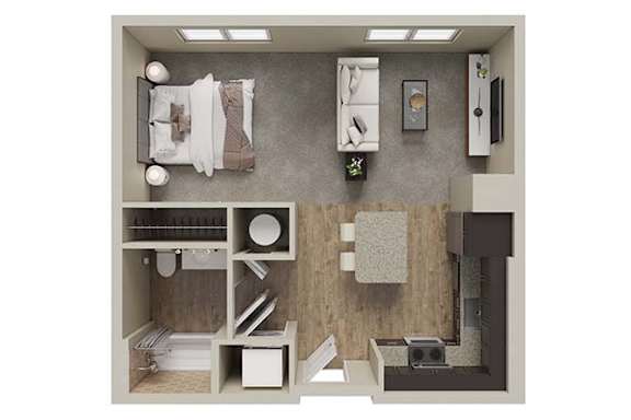Floor Plan  A 3D rendered image of a small apartment with a bedroom, bathroom, and kitchen.