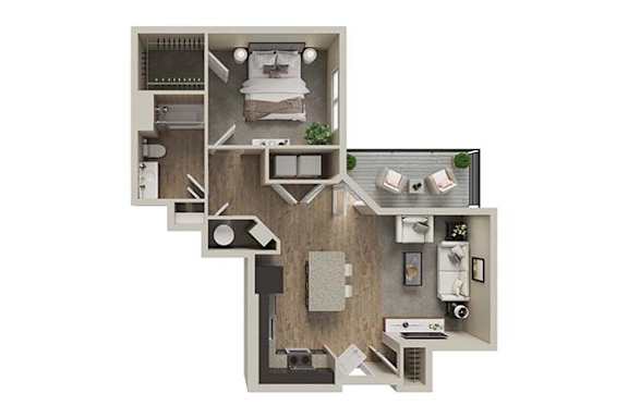 Floor Plan  A top-down view of a house layout with a kitchen, living room, and bathroom.