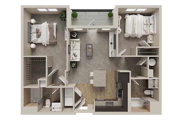 Floor Plan  A top-down view of a small apartment layout with a kitchen, living room, and bathroom.