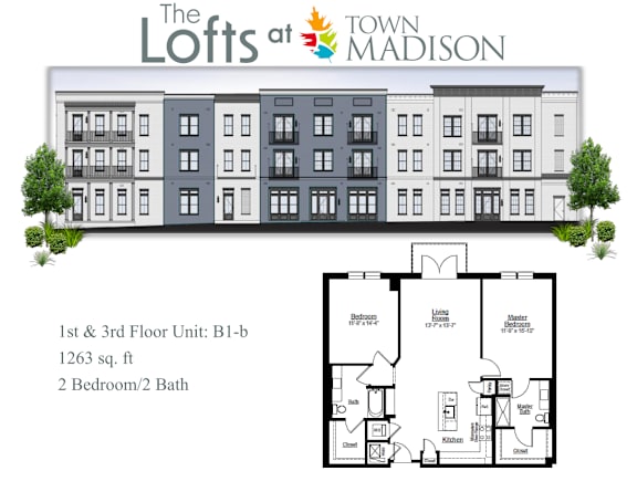 Floor Plan  A floor plan for a 2 bedroom, 2 bath apartment at The Lofts at Town Madison.