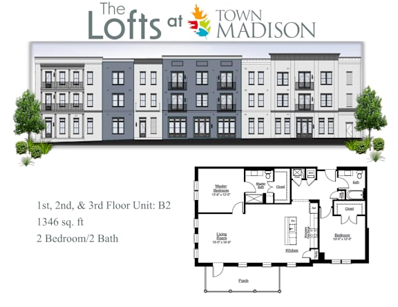 Floor Plan  A floor plan for a unit at The Lofts at Town Madison shows a 2 bedroom/2 bath apartment.