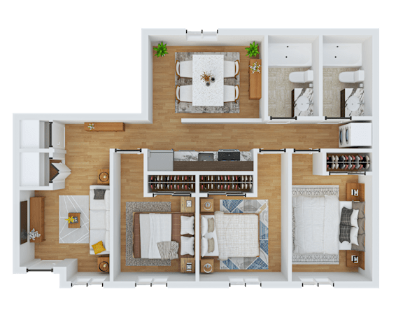 Floor Plan  A top-down view of a well-organized apartment with a kitchen, living room, and bedrooms.