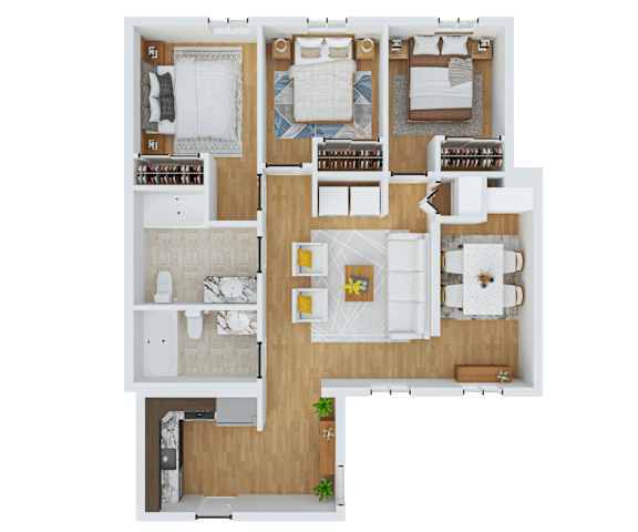 Floor Plan  A top-down view of a house layout with multiple rooms and furniture.
