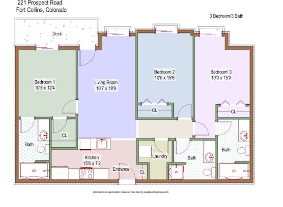 Floor Plan  A floor plan of a three bedroom apartment in Fort Collins, Colorado.