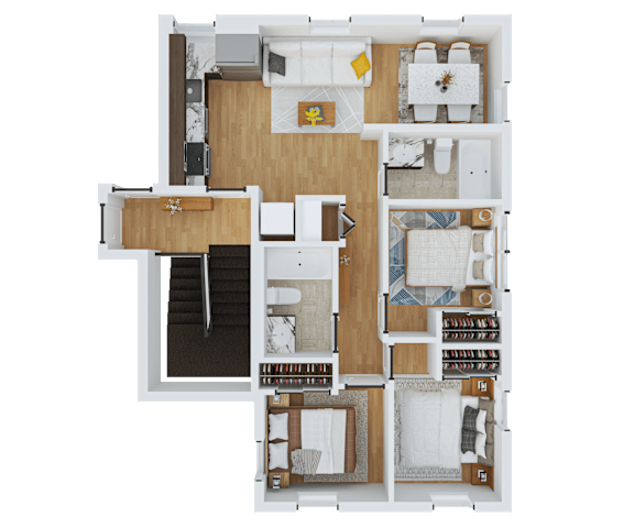 Floor Plan  A top-down view of a house layout with a living room, kitchen, and bedrooms.