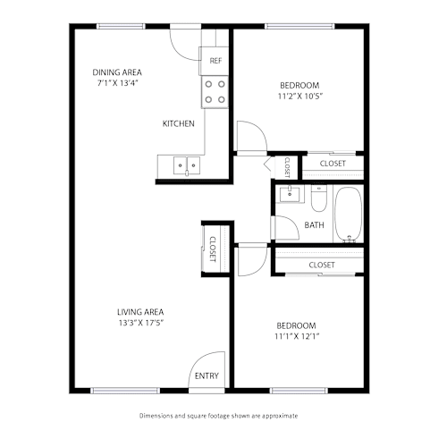 Floor Plan  A black and white image of a floor plan for a home with a dining area, kitchen, living area, and two bedrooms.