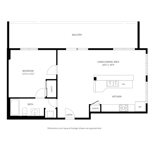 Floor Plan  A floor plan of a house with a balcony, living/dining area, kitchen, bath, bedroom, pantry, and entry.