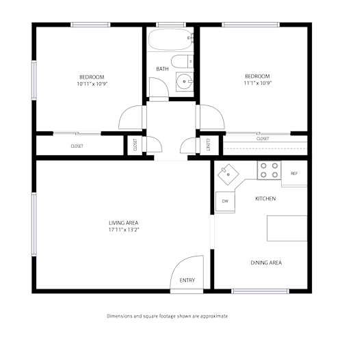 Floor Plan  A floor plan of a house with two bedrooms, a living area, a dining area, a kitchen, a bathroom, and two closets.
