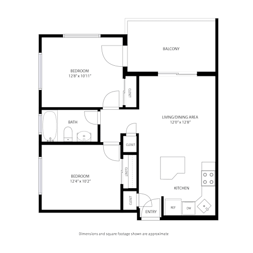Floor Plan  A floor plan of a house with a balcony, two bedrooms, a bath, a living/dining area, a kitchen, a closet, and an entry.