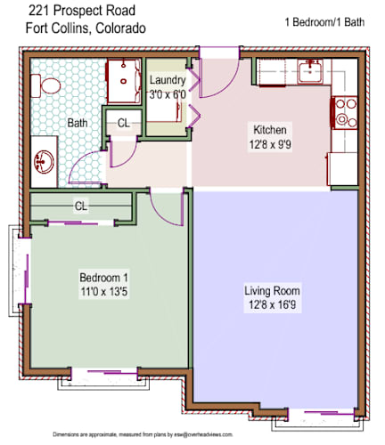 Floor Plan  One Bed- One Bath; Dimension and layout vary per unit