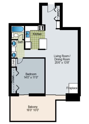 Floor Plan  A floor plan of a house with a living room, dining room, kitchen, bathroom, bedroom, and balcony.