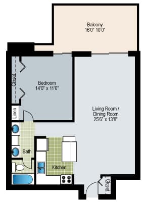 Floor Plan  A floor plan of a house with a balcony, bathroom, kitchen, and living room.