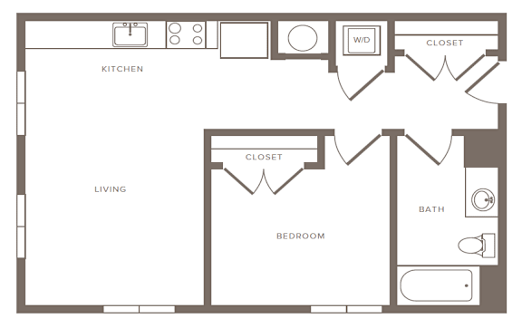 Floor Plan  A black and white image of a floor plan for a small apartment.