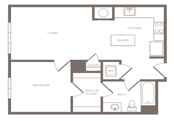 Floor Plan  A floor plan of a small apartment with a kitchen, living room, bedroom, and bathroom.