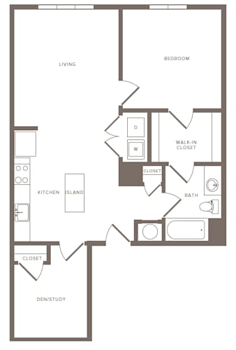 Floor Plan  A floor plan of a home with a living room, bedroom, kitchen, bathroom, and closet.