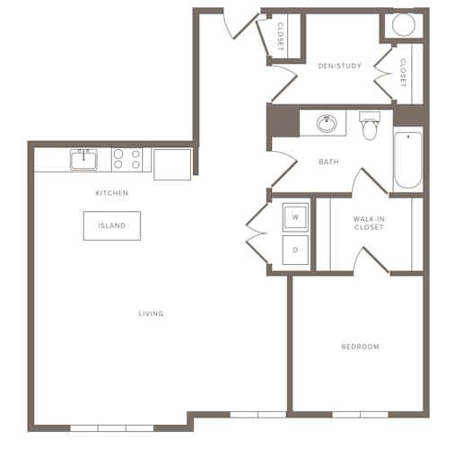 Floor Plan  A floor plan of a house with a kitchen, living room, bedroom, bathroom, and two closets.