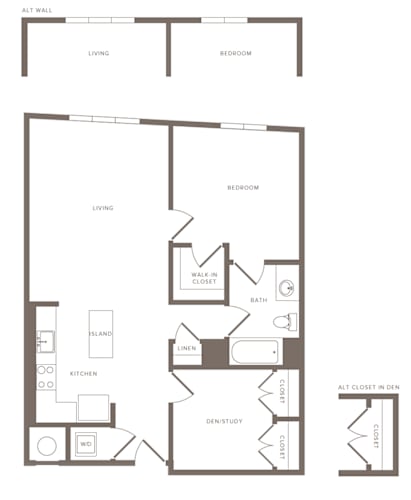 Floor Plan  A floor plan of a small apartment with a living room, bedroom, kitchen, and bathroom.