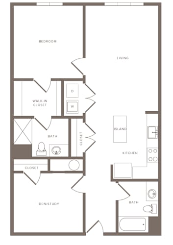 Floor Plan  A floor plan of a house with a den/study, bath, walk-in closet, and kitchen.