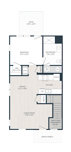 Floor Plan  A floor plan of an apartment with a living room, dining room, kitchen, bedroom, bathroom, and a front porch.
