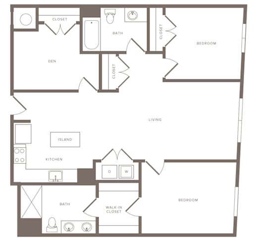 Floor Plan  A floor plan of a house with two bedrooms, a living room, a kitchen, a bathroom, a den, and a walk-in closet.