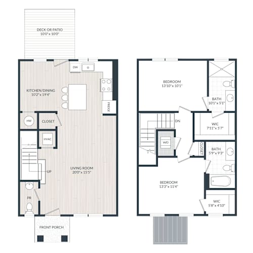 Floor Plan  A floor plan of a two-story house with a living room, kitchen, dining room, and two bedrooms.