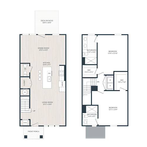 Floor Plan  A floor plan of a two-bedroom apartment with a living room, dining room, kitchen, and bathrooms.