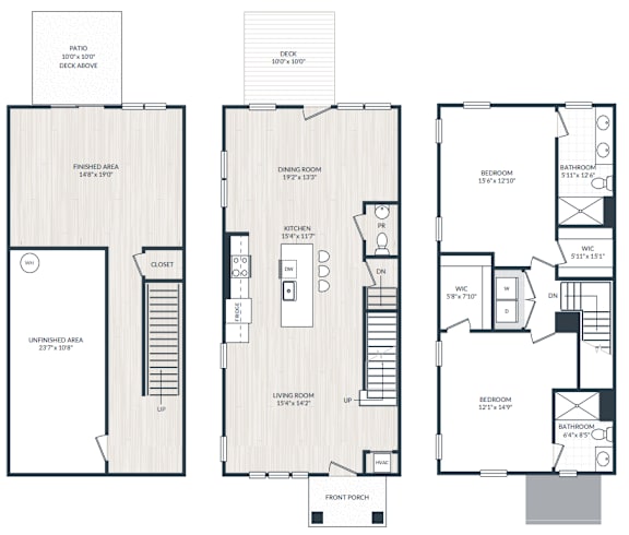 Floor Plan  A floor plan of a house with a front porch, living room, dining room, kitchen, and two bedrooms.
