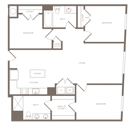Floor Plan  A floor plan of a house with two bedrooms, a living room, a kitchen, a bathroom, a walk-in closet, and a breakfast nook.